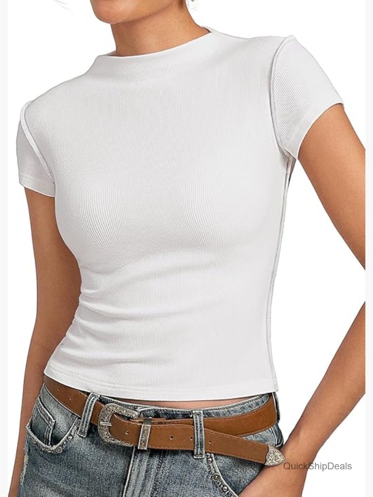 Ribbed Crop Top With Mock Neck And Raw Seam Detail